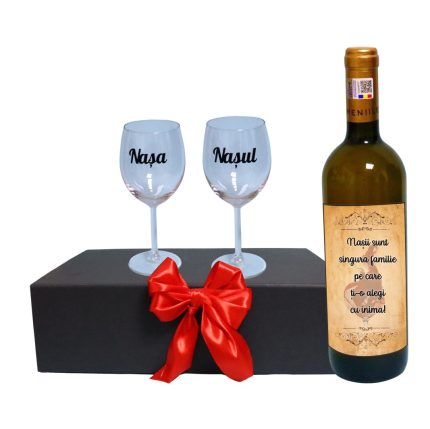 Set cadou Nasi, Cutie de vin cu sticla si 2 pahare, 35x25cm, Vin Domeniile Panciu Feteasca Regala, CSVN016