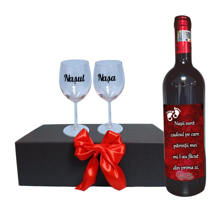 Set cadou Nasi, Cutie de vin cu sticla si 2 pahare, 35x25cm, Vin Domeniile Panciu Feteasca Neagra, CSVN017 - imagine 1