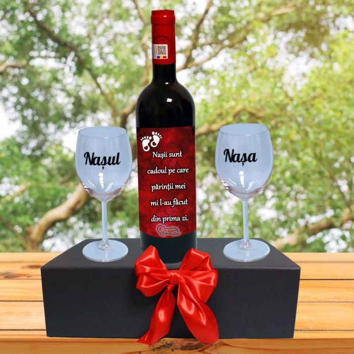 Set cadou Nasi, Cutie de vin cu sticla si 2 pahare, 35x25cm, Vin Budureasca Clasic, CSVN018 - imagine 4