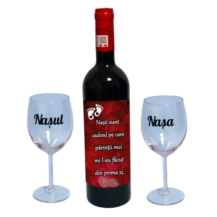 Set cadou Nasi, Cutie de vin cu sticla si 2 pahare, 35x25cm, Vin Budureasca Clasic, CSVN018 - imagine 3