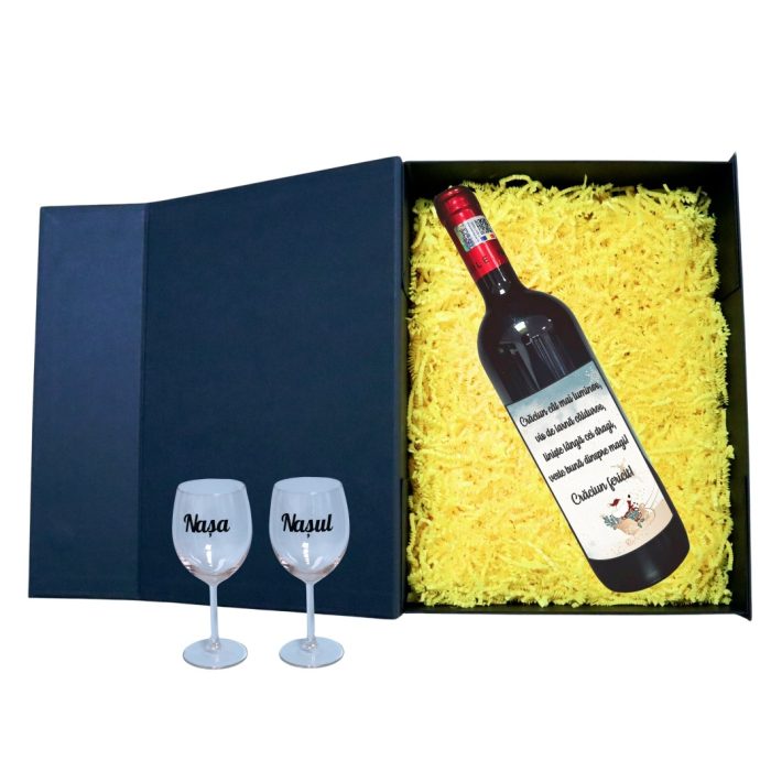 Set cadou Nasi, Cutie de vin cu sticla si 2 pahare, 35x25cm, Vin Domeniile Panciu Feteasca Neagra, CSVN026 - imagine 2