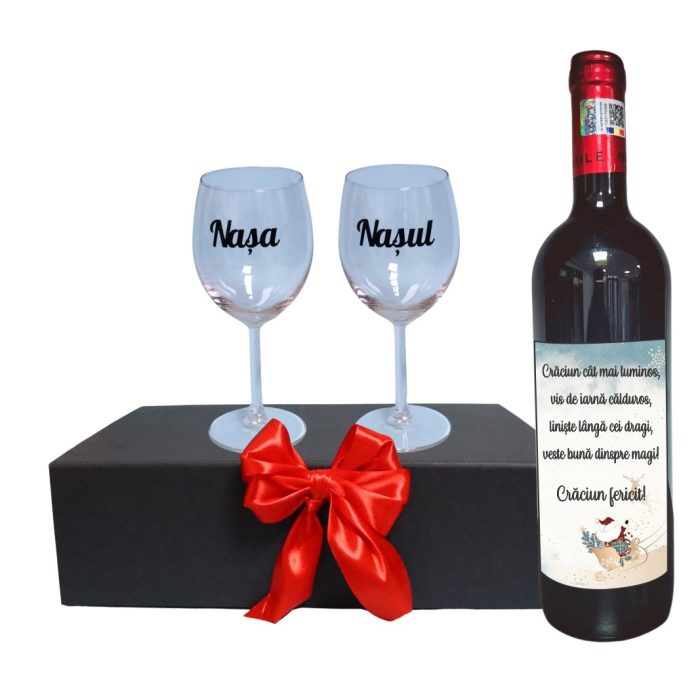 Set cadou Nasi, Cutie de vin cu sticla si 2 pahare, 35x25cm, Vin Domeniile Panciu Feteasca Neagra, CSVN026 - imagine 1