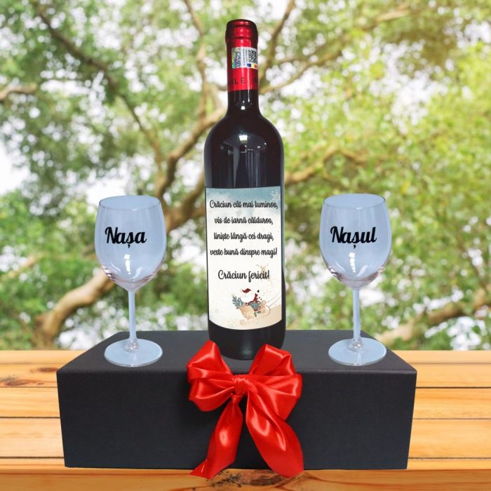 Set cadou Nasi, Cutie de vin cu sticla si 2 pahare, 35x25cm, Vin Domeniile Panciu Feteasca Neagra, CSVN026 - imagine 4