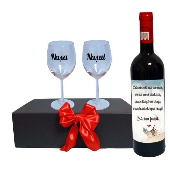 Set cadou Nasi, Cutie de vin cu sticla si 2 pahare, 35x25cm, Vin Budureasca Clasic, CSVN027 - imagine 1