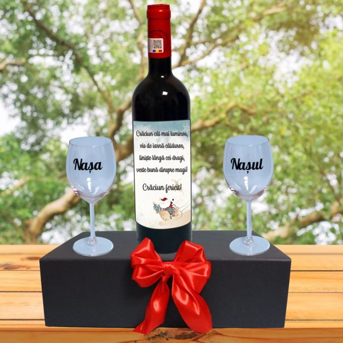 Set cadou Nasi, Cutie de vin cu sticla si 2 pahare, 35x25cm, Vin Budureasca Clasic, CSVN027 - imagine 4