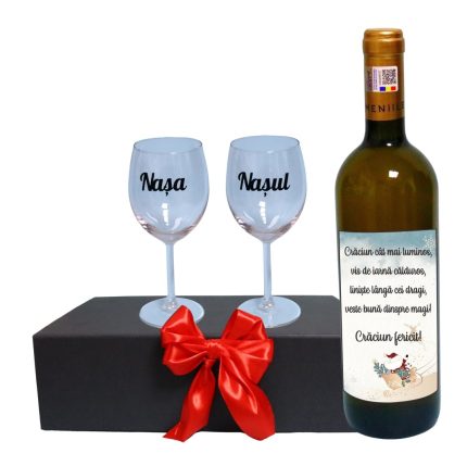 Set cadou Nasi, Cutie de vin cu sticla si 2 pahare, 35x25cm, Vin Domeniile Panciu Feteasca Regala, CSVN028