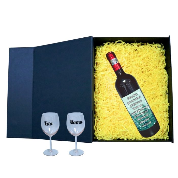 Set cadou Parinti, Cutie de vin cu sticla si 2 pahare, 35x25cm, Vin Domeniile Panciu Feteasca Neagra, CSVPA001 - imagine 2