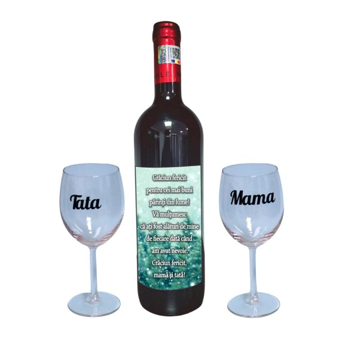 Set cadou Parinti, Cutie de vin cu sticla si 2 pahare, 35x25cm, Vin Domeniile Panciu Feteasca Neagra, CSVPA001 - imagine 3