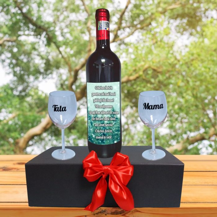 Set cadou Parinti, Cutie de vin cu sticla si 2 pahare, 35x25cm, Vin Domeniile Panciu Feteasca Neagra, CSVPA001 - imagine 4