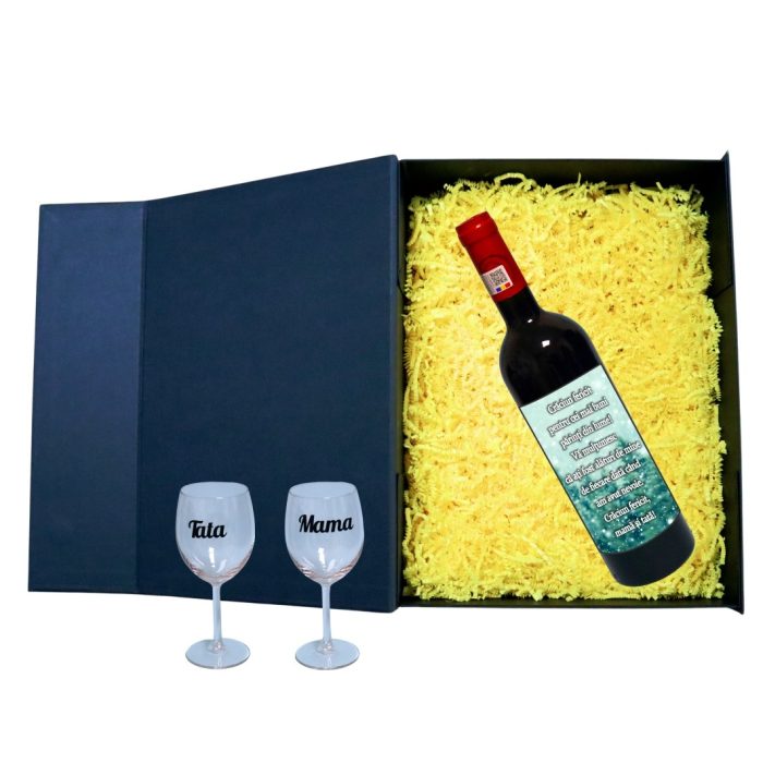 Set cadou Parinti, Cutie de vin cu sticla si 2 pahare, 35x25cm, Vin Budureasca Clasic, CSVPA002 - imagine 2