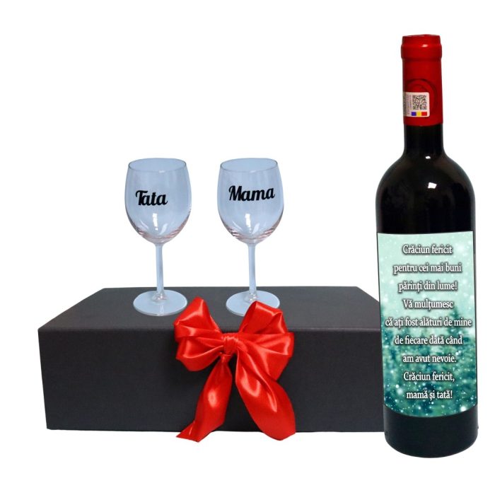 Set cadou Parinti, Cutie de vin cu sticla si 2 pahare, 35x25cm, Vin Budureasca Clasic, CSVPA002 - imagine 1
