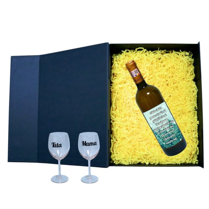 Set cadou Parinti, Cutie de vin cu sticla si 2 pahare, 35x25cm, Vin Domeniile Panciu Feteasca Regala, CSVPA003 - imagine 2