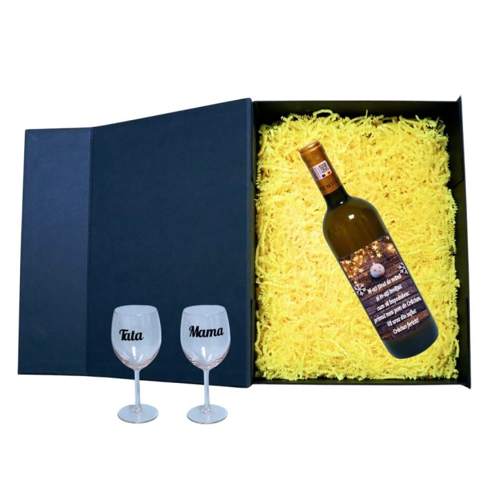 Set cadou Parinti, Cutie de vin cu sticla si 2 pahare, 35x25cm, Vin Domeniile Panciu Feteasca Regala, CSVPA006 - imagine 2