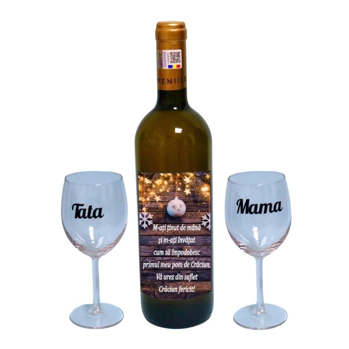 Set cadou Parinti, Cutie de vin cu sticla si 2 pahare, 35x25cm, Vin Domeniile Panciu Feteasca Regala, CSVPA006 - imagine 3
