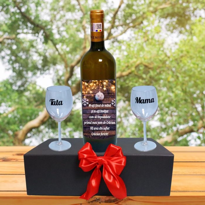 Set cadou Parinti, Cutie de vin cu sticla si 2 pahare, 35x25cm, Vin Domeniile Panciu Feteasca Regala, CSVPA006 - imagine 4