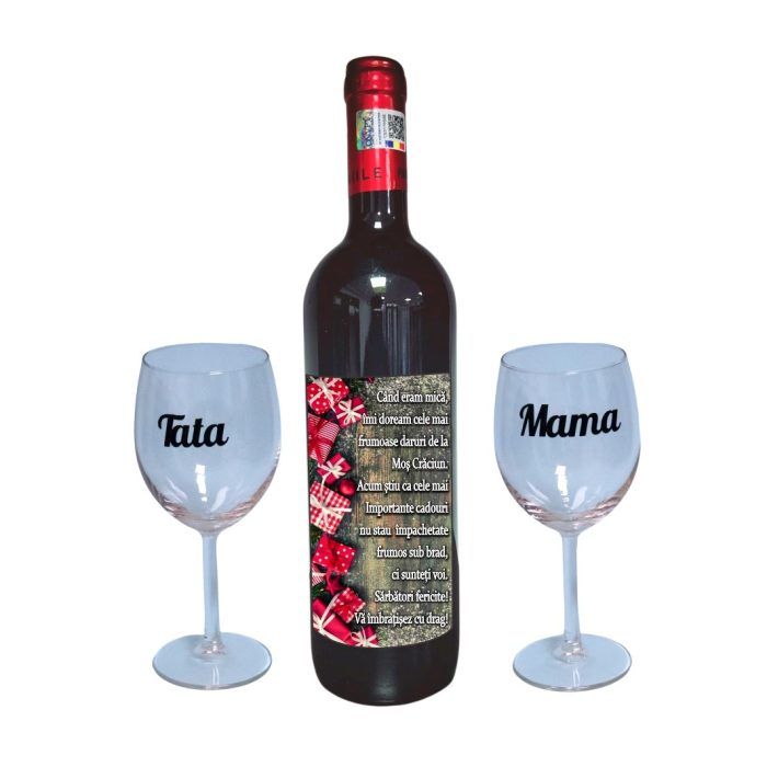 Set cadou Parinti, Cutie de vin cu sticla si 2 pahare, 35x25cm, Vin Domeniile Panciu Feteasca Neagra, CSVPA007 - imagine 3