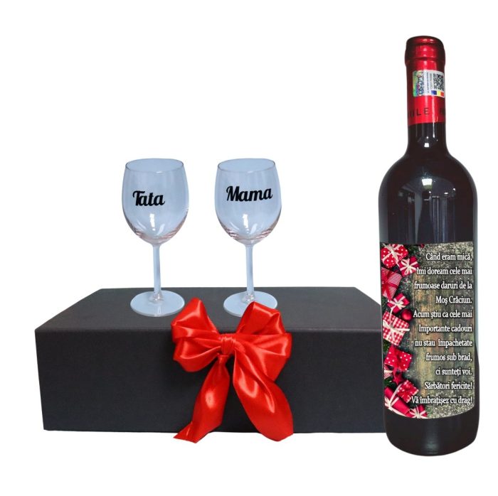 Set cadou Parinti, Cutie de vin cu sticla si 2 pahare, 35x25cm, Vin Domeniile Panciu Feteasca Neagra, CSVPA007 - imagine 1