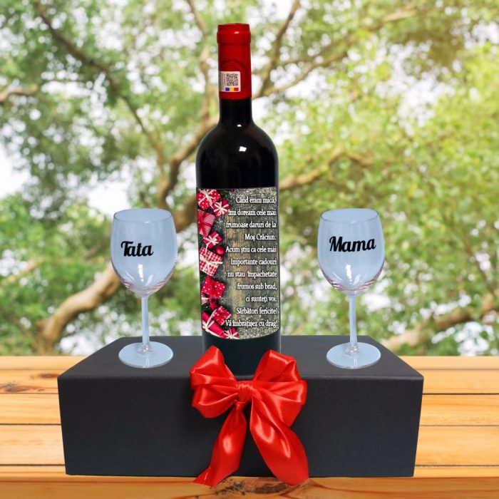 Set cadou Parinti, Cutie de vin cu sticla si 2 pahare, 35x25cm, Vin Budureasca Clasic, CSVPA008 - imagine 4