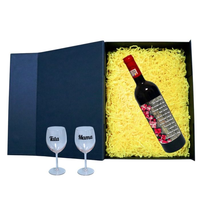 Set cadou Parinti, Cutie de vin cu sticla si 2 pahare, 35x25cm, Vin Budureasca Clasic, CSVPA008 - imagine 2