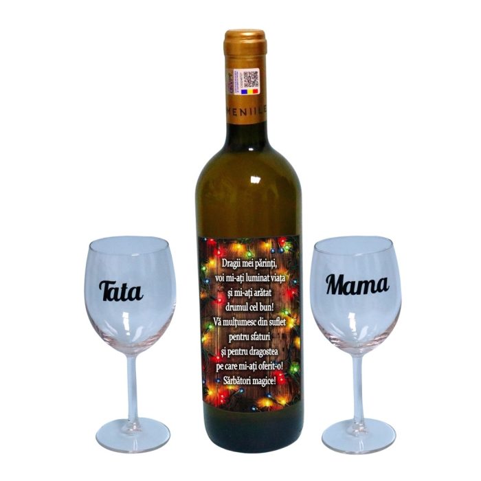 Set cadou Parinti, Cutie de vin cu sticla si 2 pahare, 35x25cm, Vin Domeniile Panciu Feteasca Regala, CSVPA011 - imagine 3