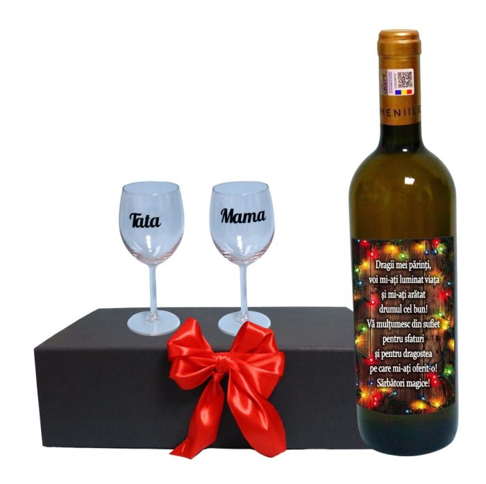 Set cadou Parinti, Cutie de vin cu sticla si 2 pahare, 35x25cm, Vin Domeniile Panciu Feteasca Regala, CSVPA011 - imagine 1