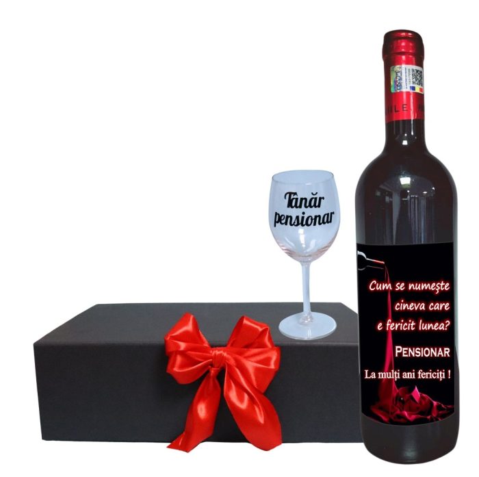 Set cadou Pensionare, Cutie de vin cu sticla si un pahar, 35x25cm, Vin Domeniile Panciu Feteasca Neagra, CSVPN001 - imagine 1