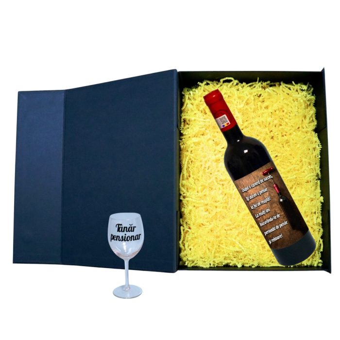 Set cadou Pensionare, Cutie de vin cu sticla si un pahar, 35x25cm, Vin Budureasca Clasic, CSVPN008 - imagine 2