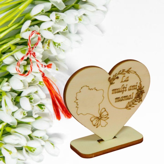 Martisor, Baza pentru flori, Inima, Lemn, La multi ani mama, Primavara, 10x8 cm, BM019 - imagine 5