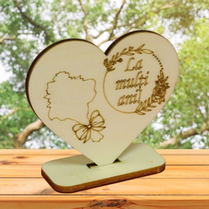 Martisor, Baza pentru flori, Inima, Lemn, La multi ani, Primavara, 10x8 cm, BM020 - imagine 2