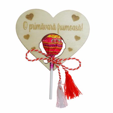 Martisor, Bomboana Chupa Chups, Inima, Lemn, 10x8 cm, Primavara, MB028