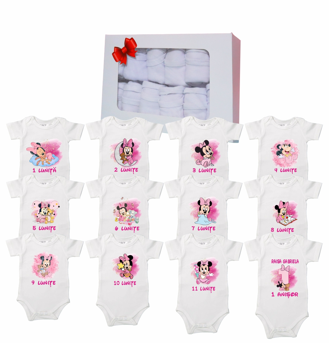 BSA002 Set 12 body-uri cu lunile bebelusului, Minnie Mouse, Bumbac, Alb, BSA002 - imagine 1