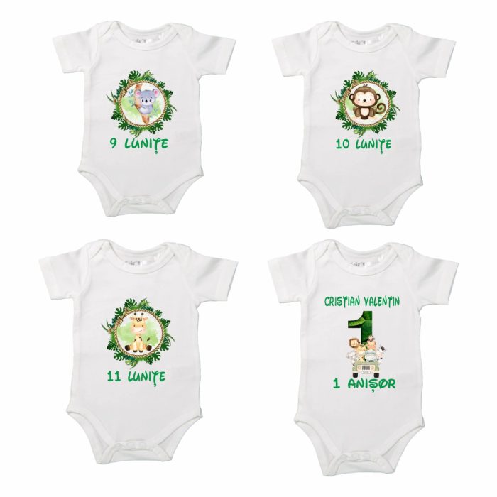 Set 12 body-uri cu lunile bebelusului, Safari, Bumbac, Alb, BSA004 - imagine 5