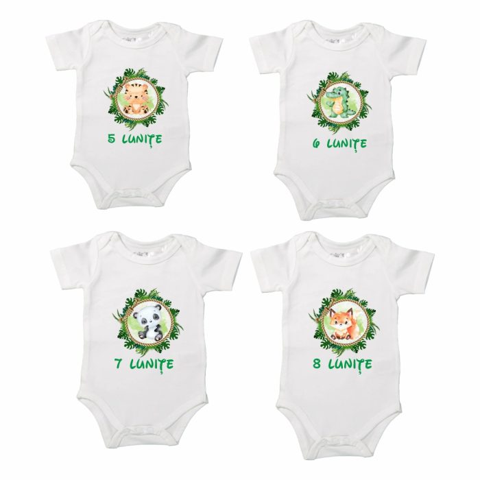 Set 12 body-uri cu lunile bebelusului, Safari, Bumbac, Alb, BSA004 - imagine 4