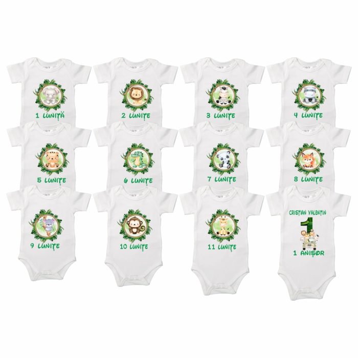 Set 12 body-uri cu lunile bebelusului, Safari, Bumbac, Alb, BSA004 - imagine 2