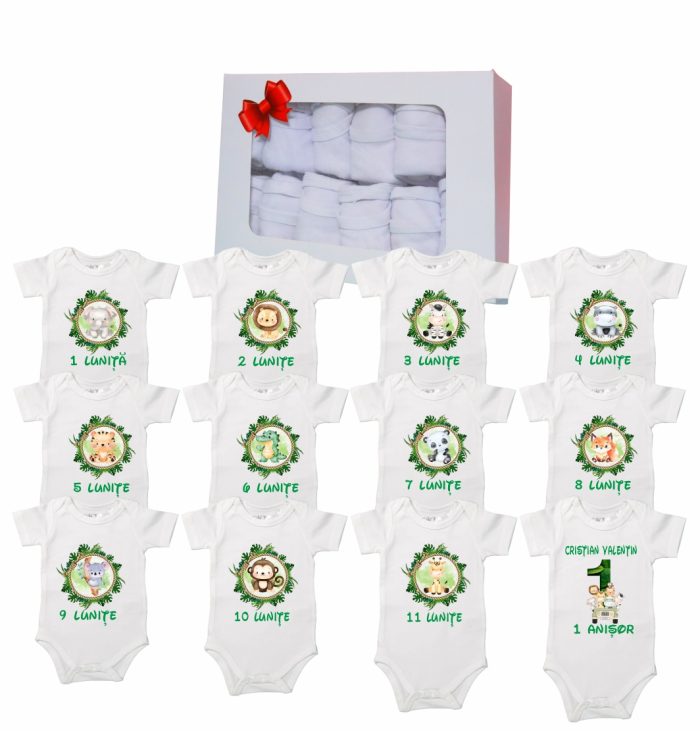 Set 12 body-uri cu lunile bebelusului, Safari, Bumbac, Alb, BSA004 - imagine 1