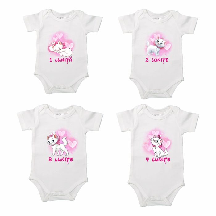 Set 12 body-uri cu lunile bebelusului, Pisica Marrie, Bumbac, Alb, BSA005 - imagine 3