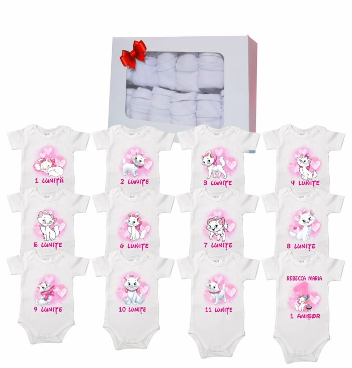 Set 12 body-uri cu lunile bebelusului, Pisica Marrie, Bumbac, Alb, BSA005 - imagine 1
