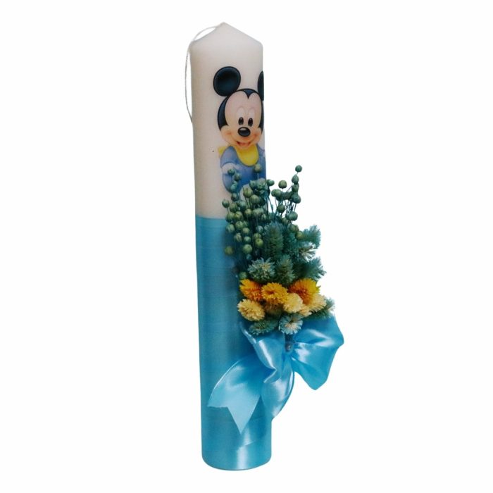 Lumanare Botez, Mickey Mouse, Albastru, Flori uscate, 35 cm, LMB065 - imagine 3