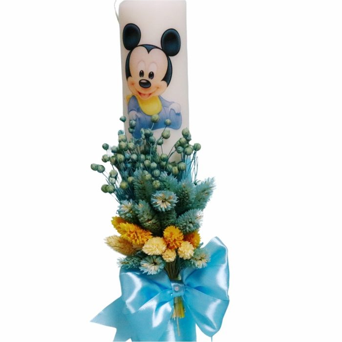 Lumanare Botez, Mickey Mouse, Albastru, Flori uscate, 35 cm, LMB065 - imagine 2