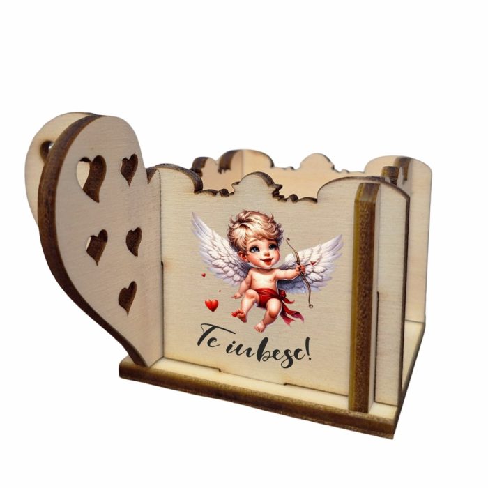 Cutie Mini Aranjamente Florale Lemn 10x10x5cm, Cupidon, Te iubesc, CAUV001 - imagine 5