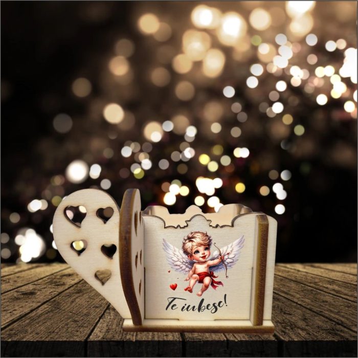 Cutie Mini Aranjamente Florale Lemn 10x10x5cm, Cupidon, Te iubesc, CAUV001 - imagine 4
