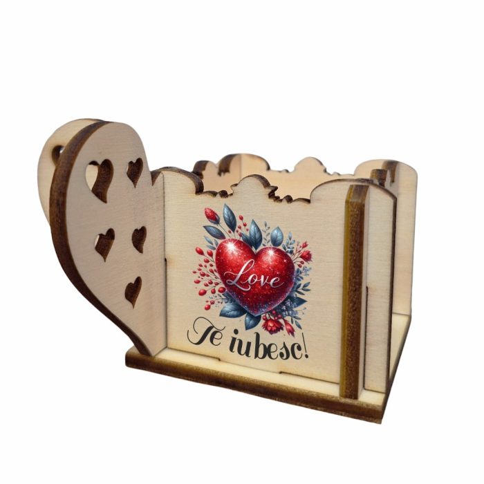 Cutie Mini Aranjamente Florale Lemn 10x10x5cm, Inima, Te iubesc, CAUV003 - imagine 5