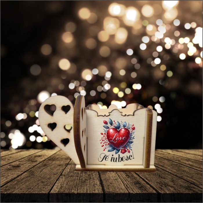 Cutie Mini Aranjamente Florale Lemn 10x10x5cm, Inima, Te iubesc, CAUV003 - imagine 4