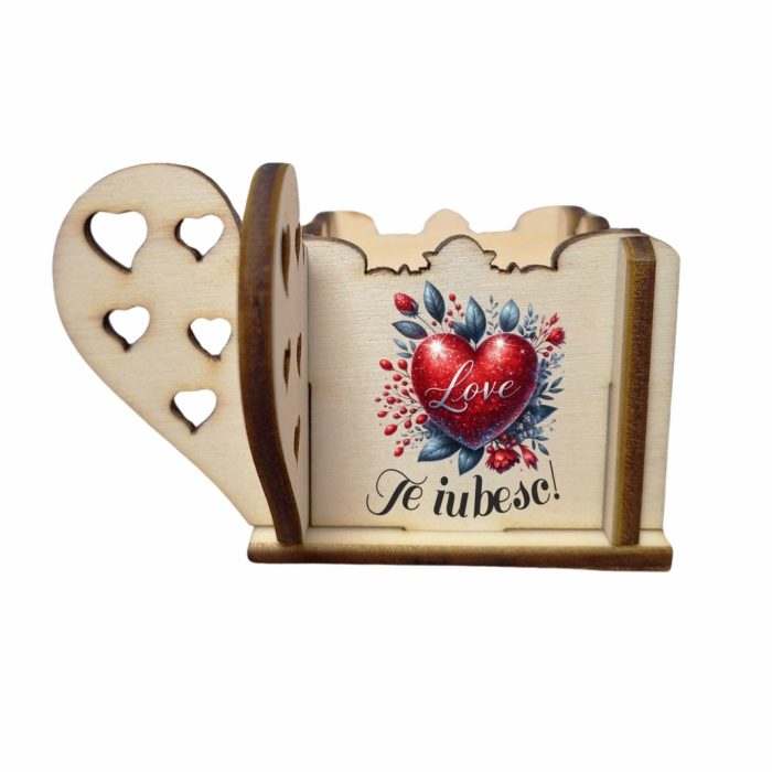 Cutie Mini Aranjamente Florale Lemn 10x10x5cm, Inima, Te iubesc, CAUV003 - imagine 1