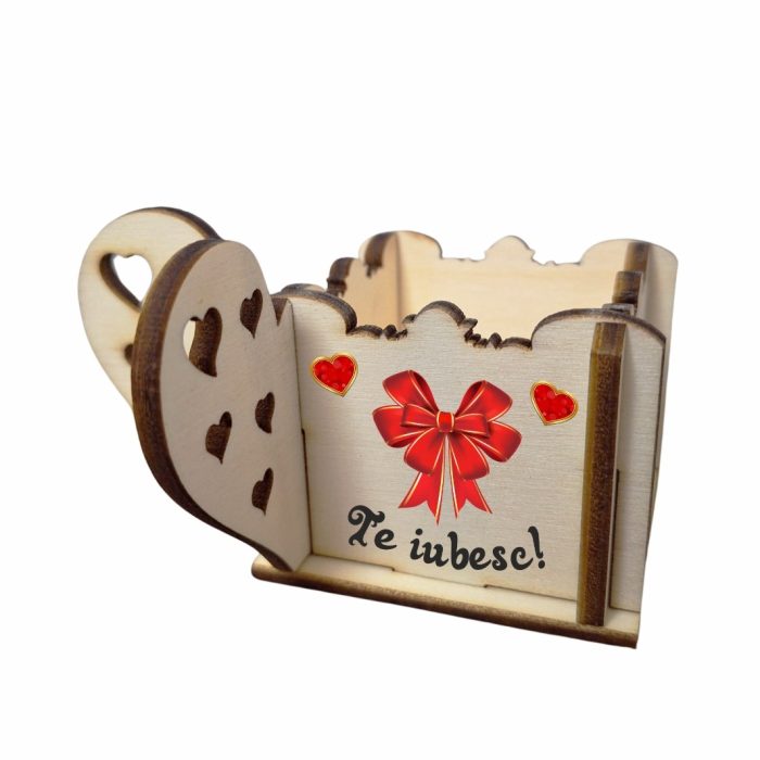 Cutie Mini Aranjamente Florale Lemn 10x10x5cm, Te iubesc, CAUV005 - imagine 4