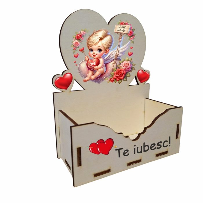 Cutie Aranjamente Florale, Lemn, Te Iubesc, Cupidon, CAUV009 - imagine 2