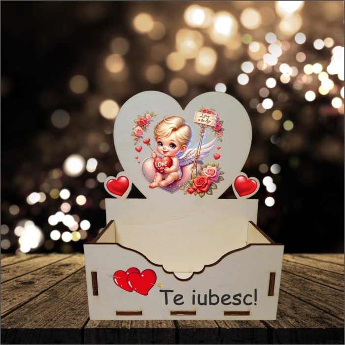 Cutie Aranjamente Florale, Lemn, Te Iubesc, Cupidon, CAUV009 - imagine 3