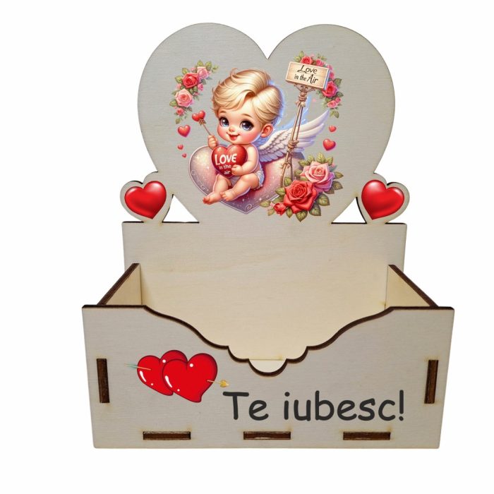 Cutie Aranjamente Florale, Lemn, Te Iubesc, Cupidon, CAUV009 - imagine 1