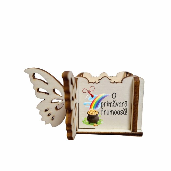 Cutie Mini Aranjamente Florale, Lemn, Fluture, 1 Martie, 10x10x5 cm, CAUV060 - imagine 1