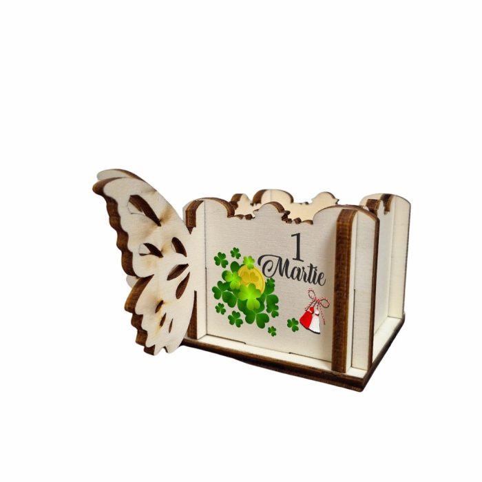 Cutie Mini Aranjamente Florale, Lemn, Fluture, 1 Martie, 10x10x5 cm, CAUV063 - imagine 2